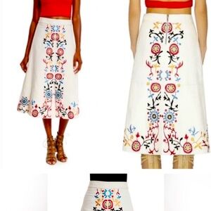 Alice + Olivia Giselle white embroidered leather midi skirt 0